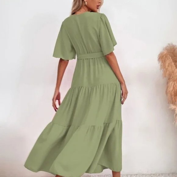 Boho Surplice Butterfly Sleeve Ruffle Maxi Dress GREEN - Picture 3 of 5